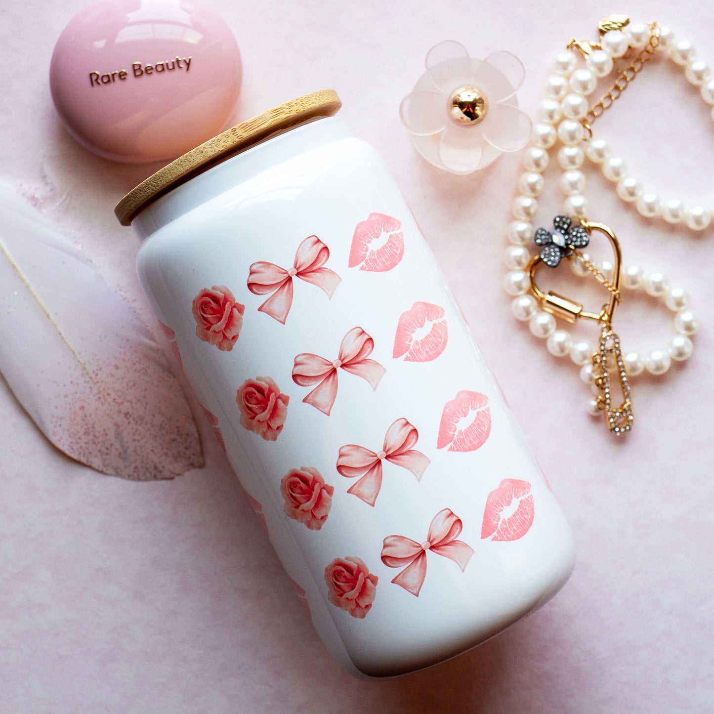 Pretty 16 oz. Frosted cup featuring Roses, Bows and Lips