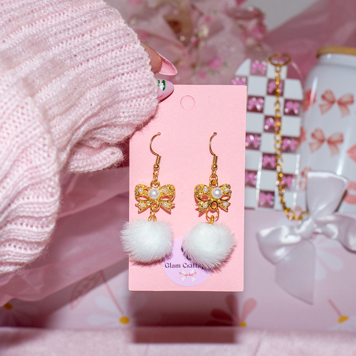 Pearl Bow Charm Pom Earrings - Glam meets Whimsy