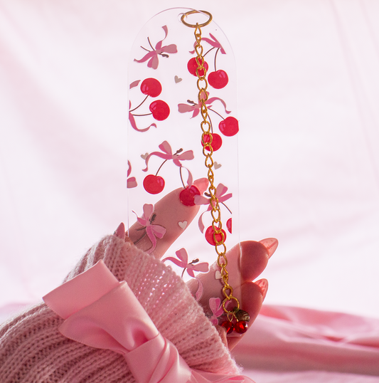 Cherry Charm Bookmark – Playful Design with Gold Chain & Cherry Charm