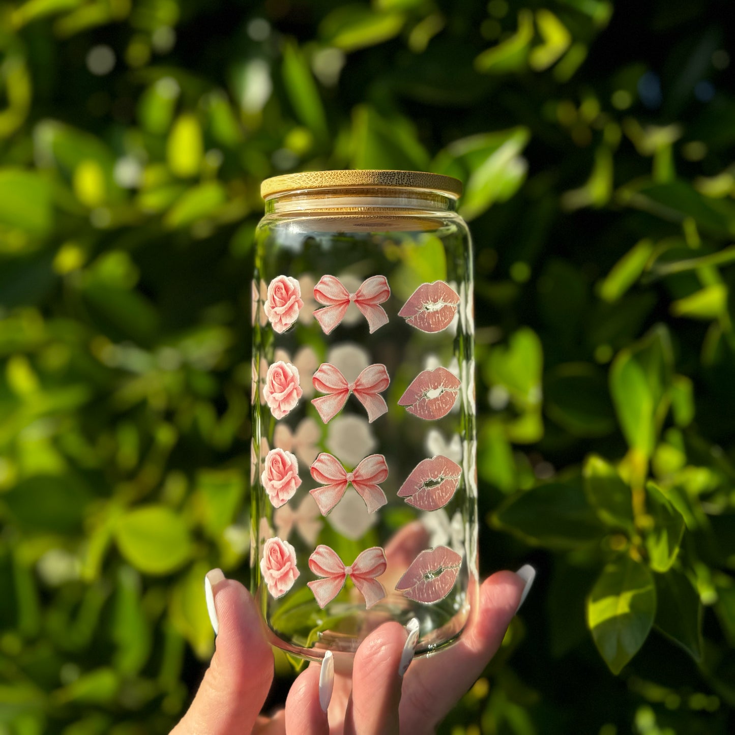 Pretty 16 oz. Clear Glass Cup featuring bows, roses, hearts and lips