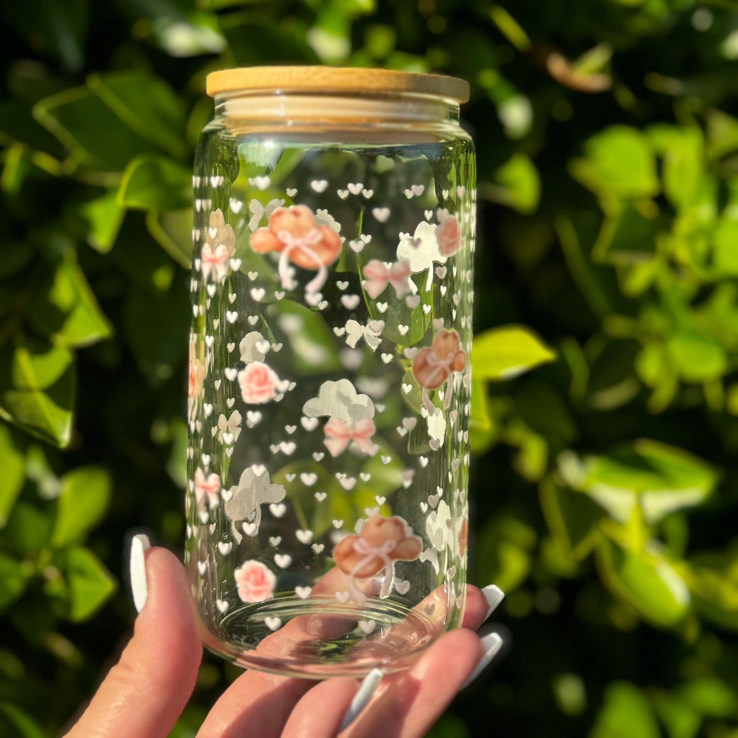 Pretty 16 oz. Clear Glass Cup featuring bows, roses, hearts and lips