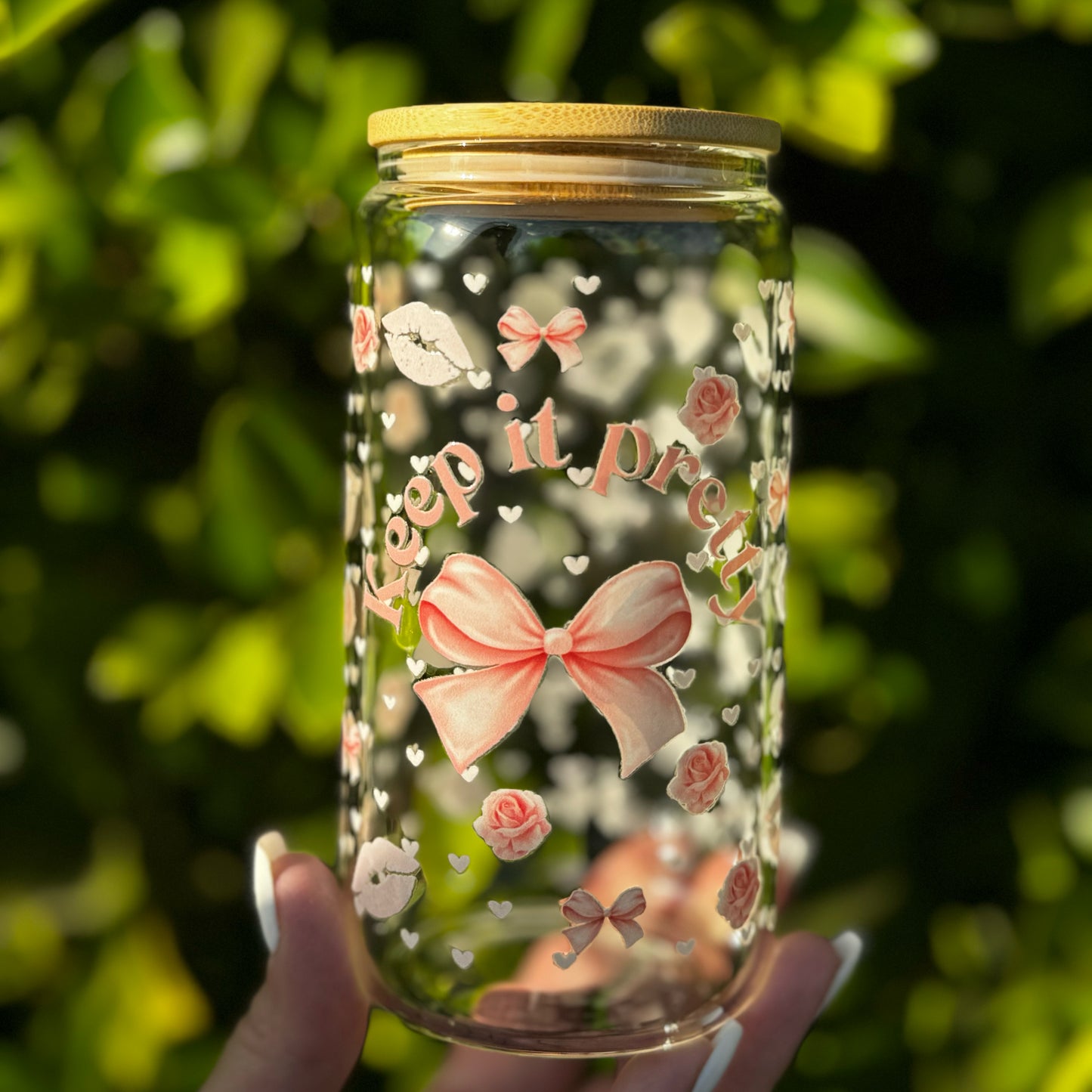 Pretty 16 oz. Clear Glass Cup featuring bows, roses, hearts and lips