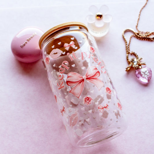 Pretty 16 oz. Clear Glass Cup featuring bows, roses, hearts and lips