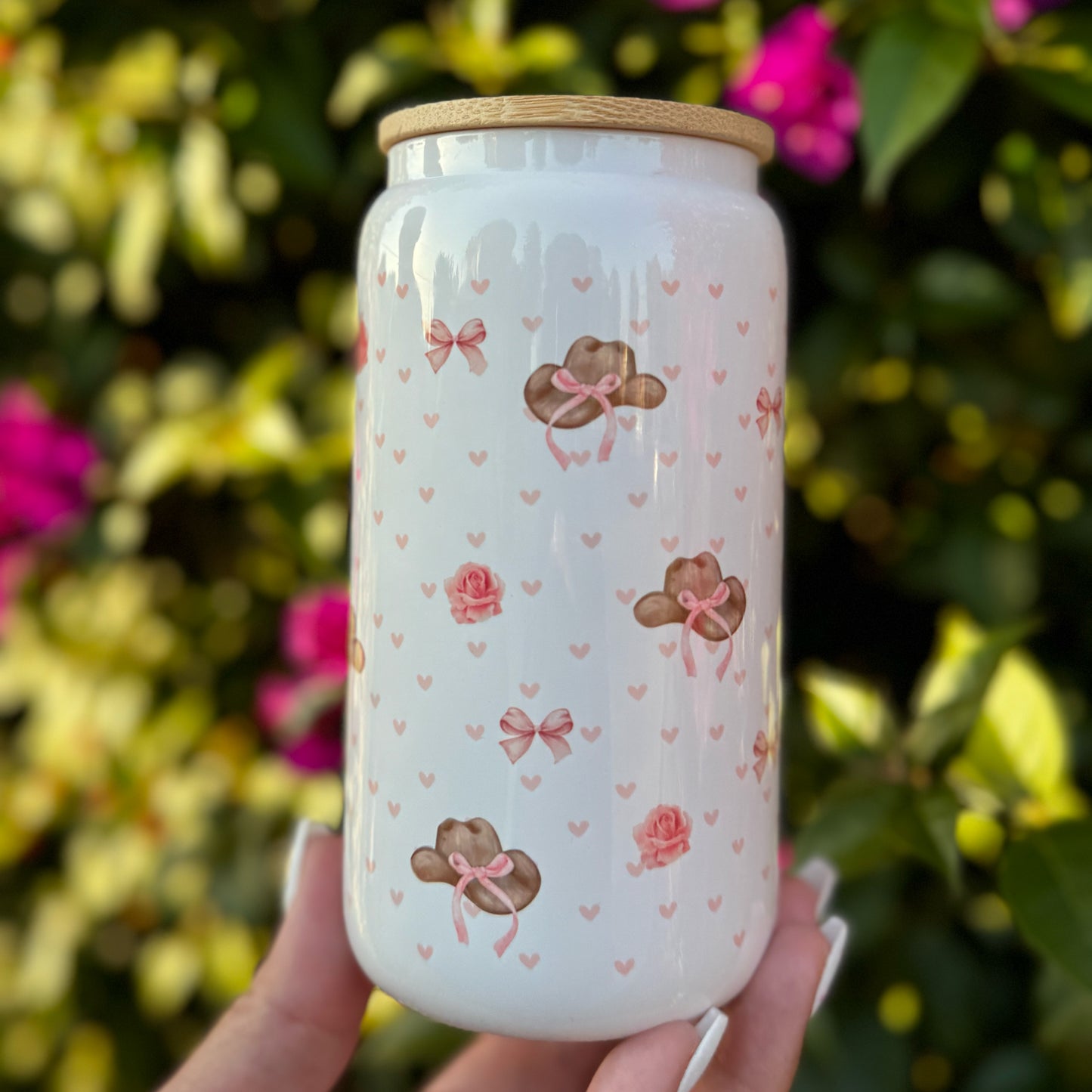 Pretty 16 oz. Frosted or white Opaque cups featuring Cowboy hats, hearts, roses, lips and bows